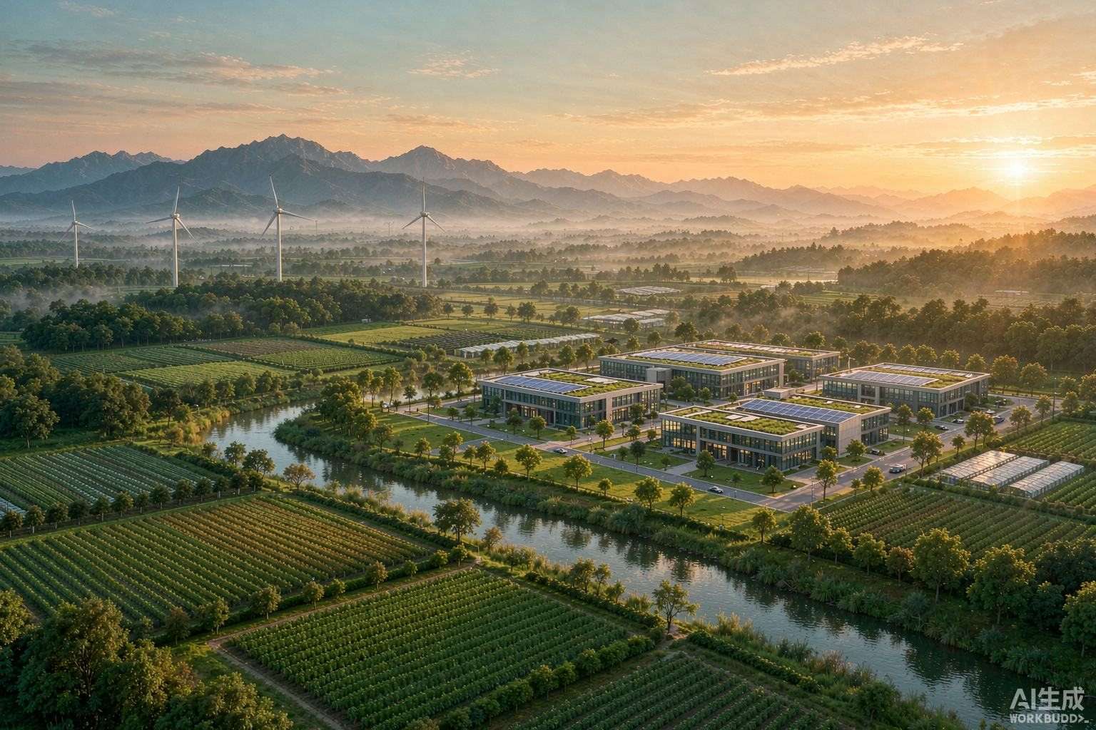 a prosperous regenerative green region at golden hour