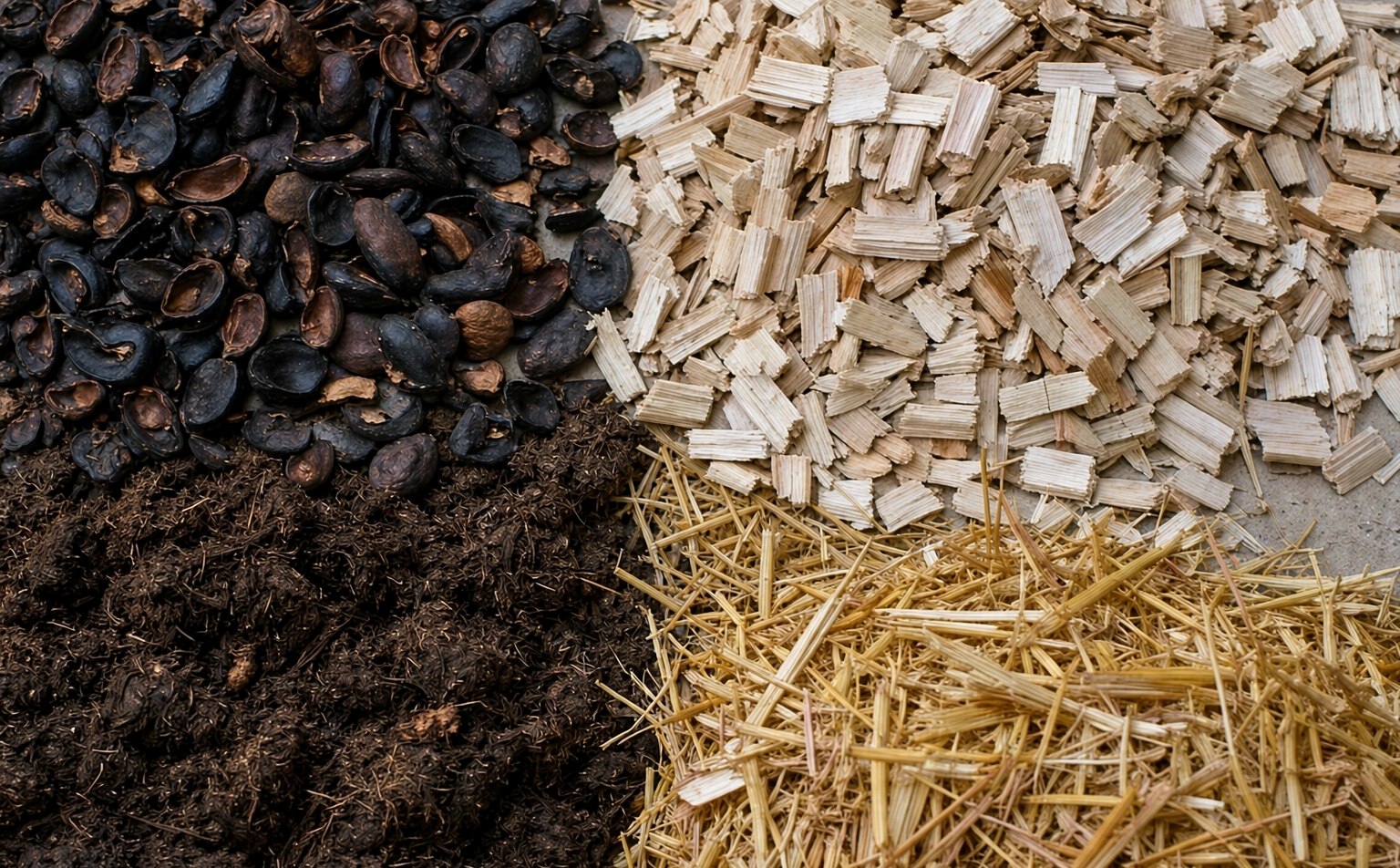Palm kernel shell, wood chips, spent compost and straw side by side on a concrete floor